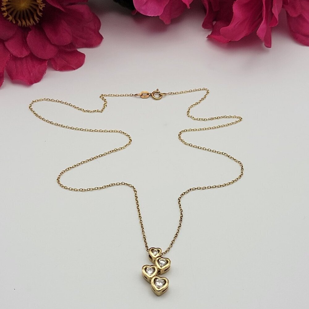 Gold Vermeil Sterling Silver CZ 4-Heart Drop Pendant Necklace 18" Spring Ring